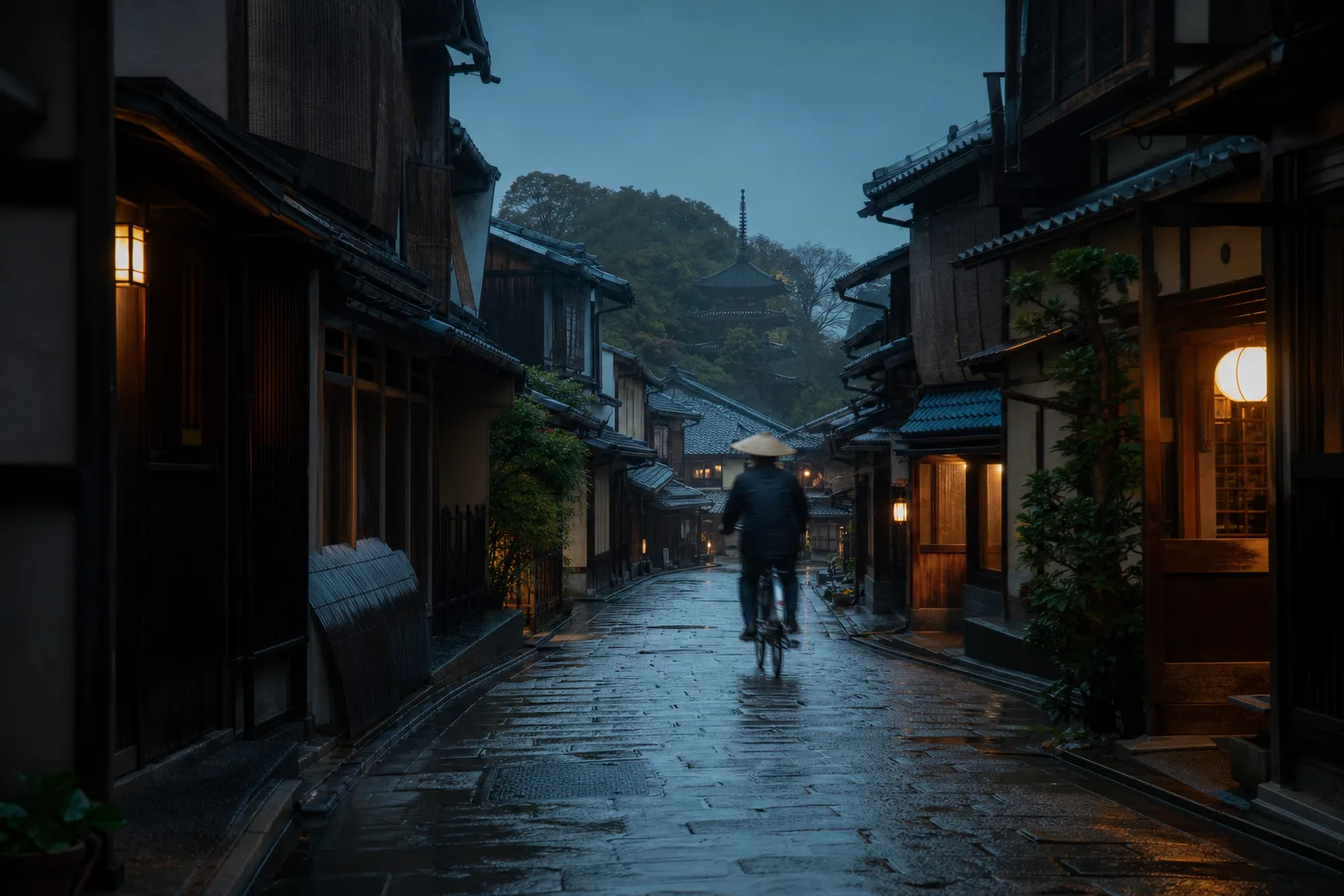 A rain-darkened traditional street in Kyoto